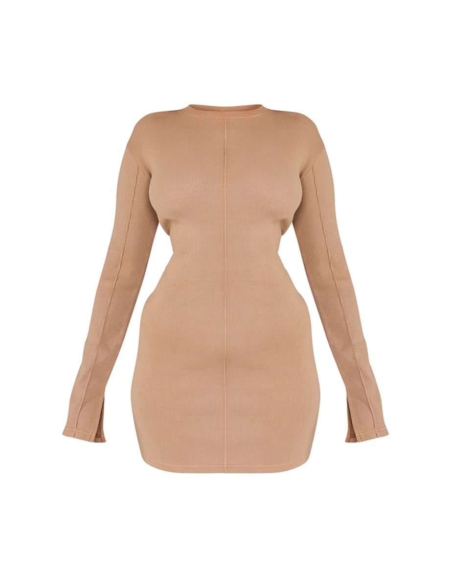 Taupe Ribbed Exposed Seam Long Sleeve Bodycon Dress - 4