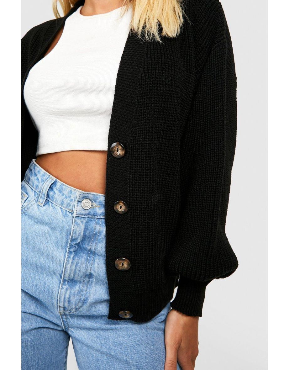Balloon Sleeve Button Through Rib Cardigan - black - 3