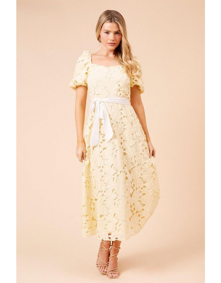 DP Luxe Cut-Work Lace Contrast Belt Midaxi Dress