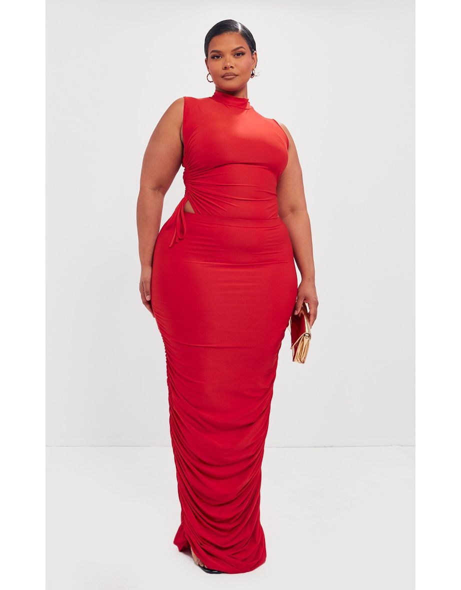 Plus Cherry Red Ruched Side Slinky Maxi Skirt