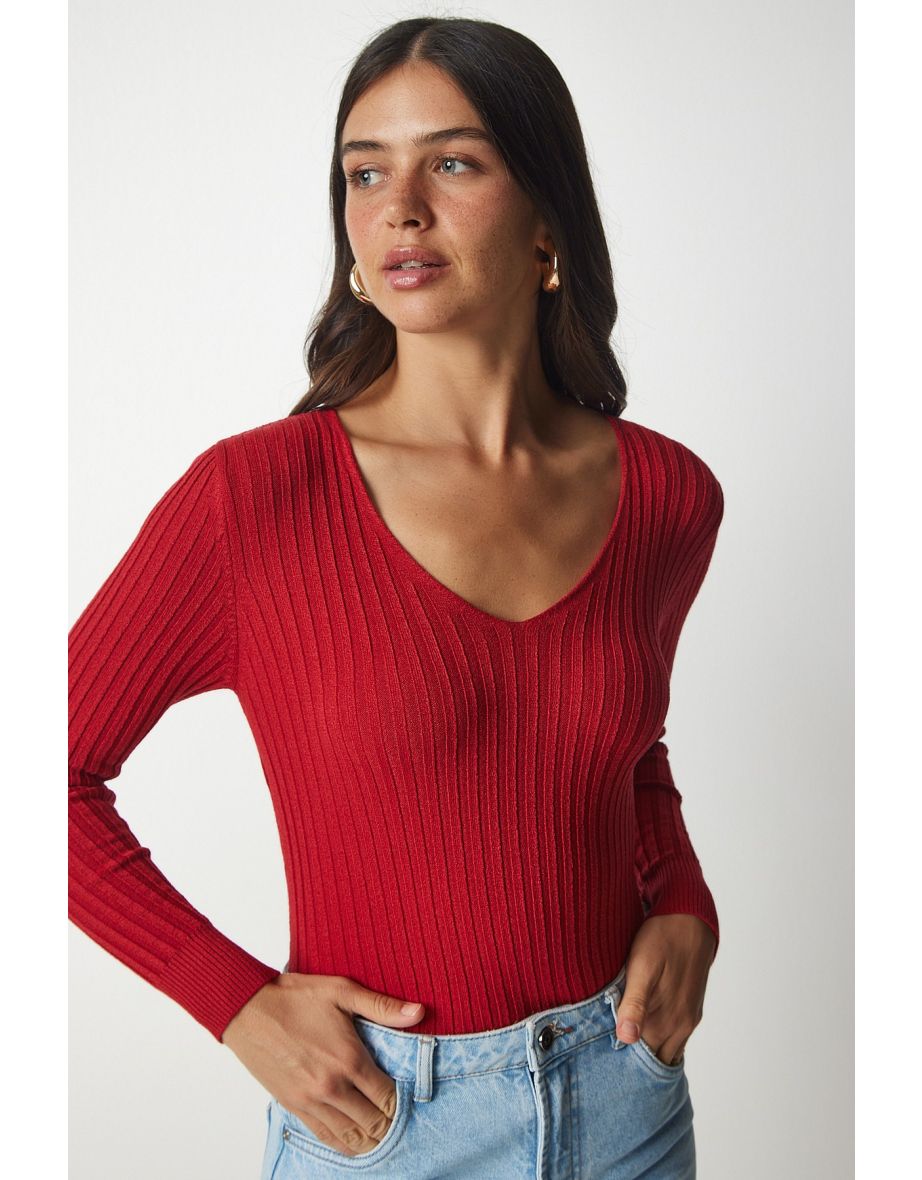 Red Knitted V-Neck Blouse