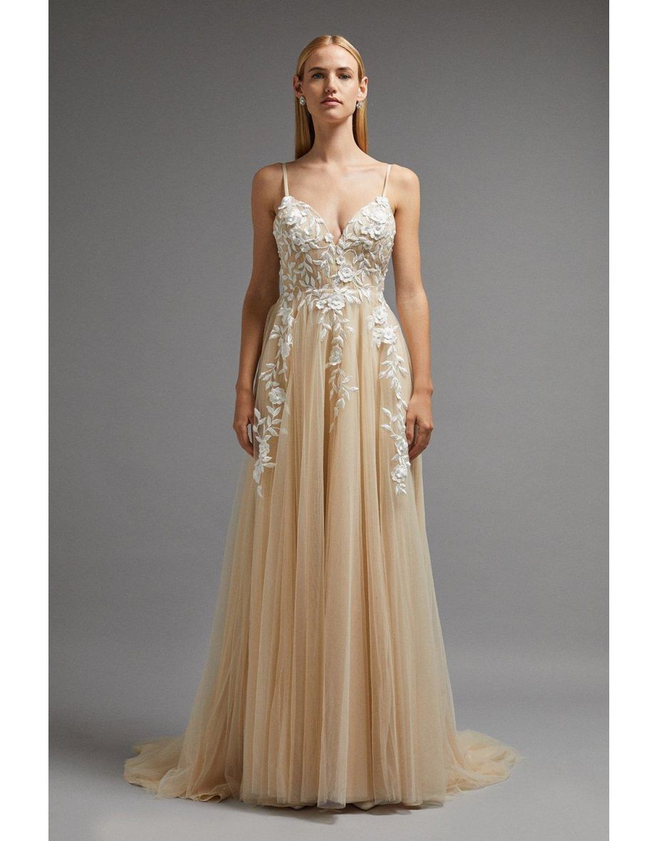 Beige Floral Chiffon A-Line Floor-Length Dress