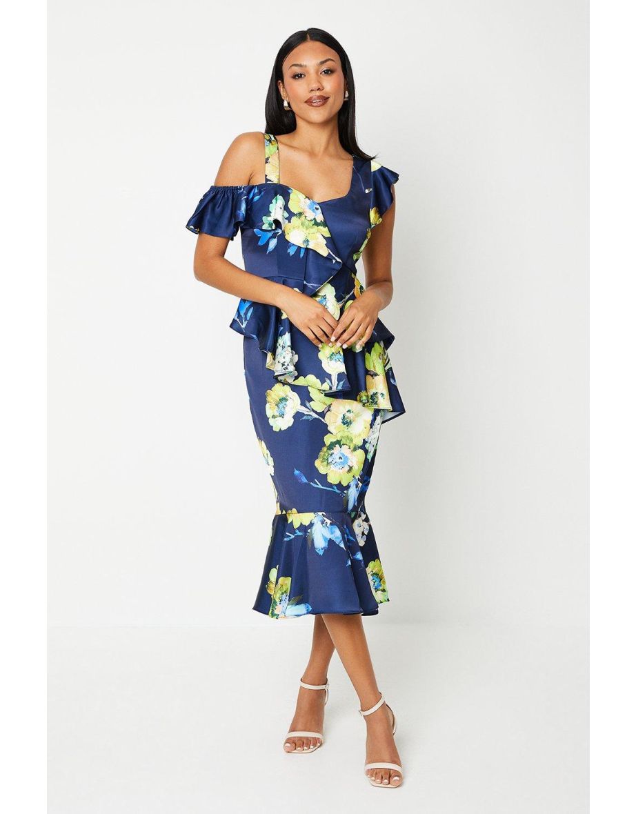 Printed Satin Ruffle Pencil Dress With Flute Hem