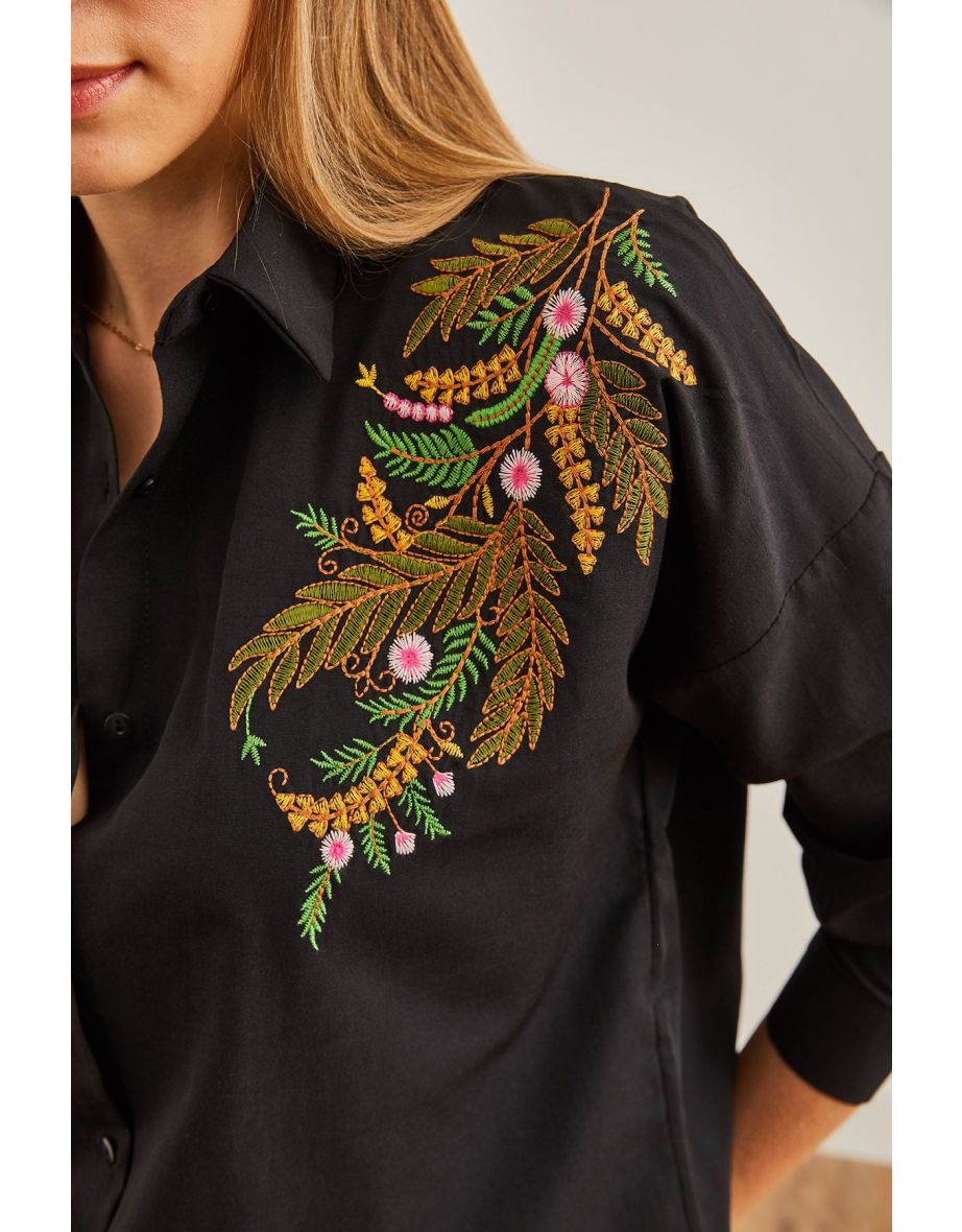 Women's Leaf Black Embroidery Detailed Oversize Woven Shirt - 6