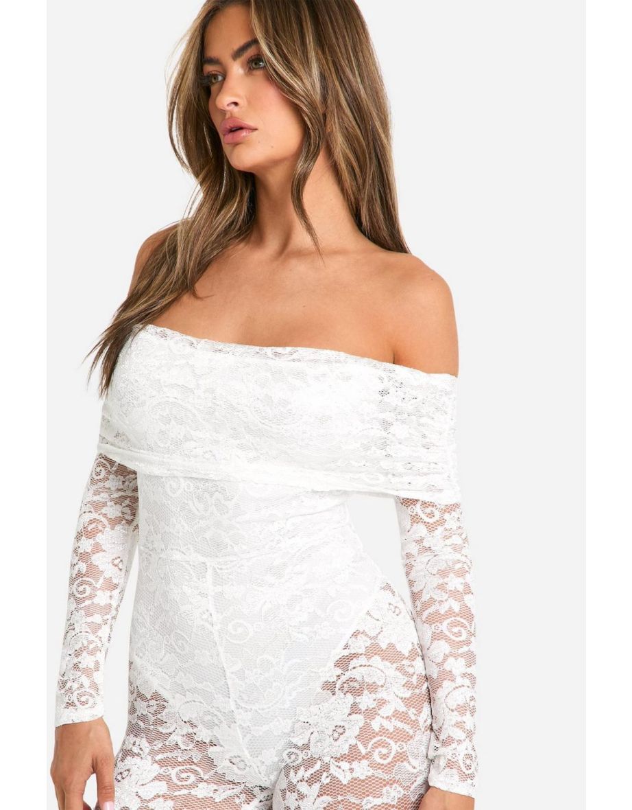 Lace Fold Over Bardot Jumpsuit - white - 3