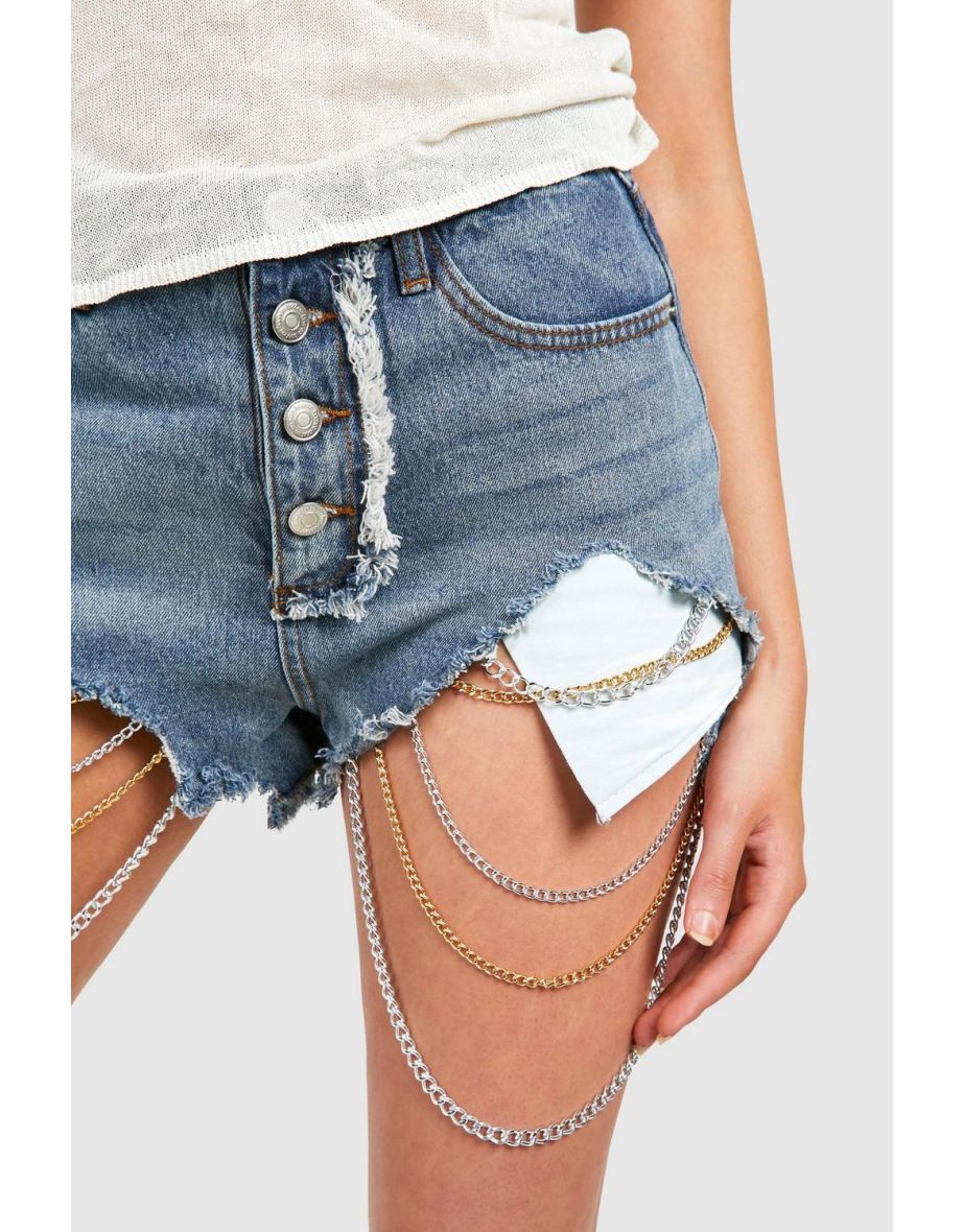 Chain Tassel Detail Denim Shorts - mid blue - 3