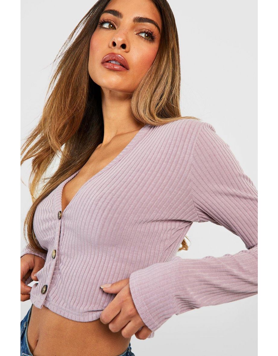 Soft Rib Knit Basic Crop Cardigan - grey - 3