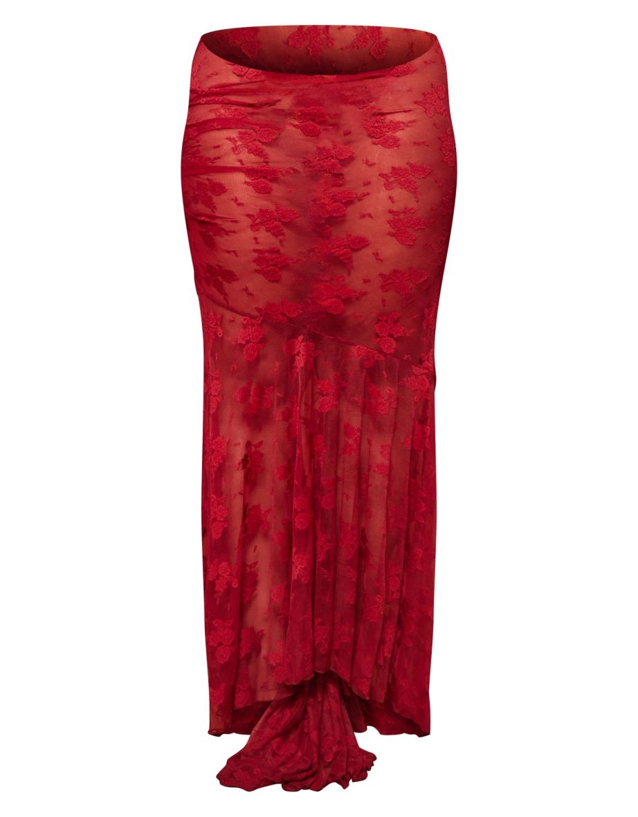 Plus Maroon Floral Lace Ruffle Hem Maxi Skirt - 3