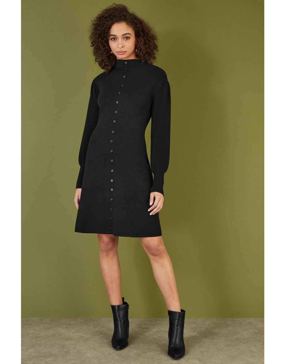 Yumi Black Knitted Button Up Midi Dress With Balloon Sleeves