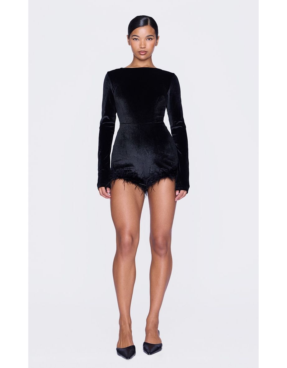 Black Velvet Long Sleeve Feather Trim Playsuit