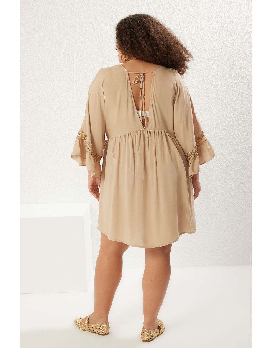 Mink Sleeve Ruffle Lace Stripe Detailed Mini Plus Size Beach Dress - 4