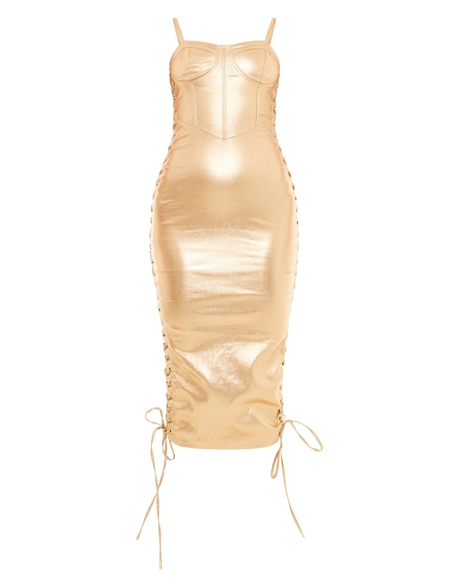 Gold Metallic Corset Detail Lace Side Midi Dress - 4