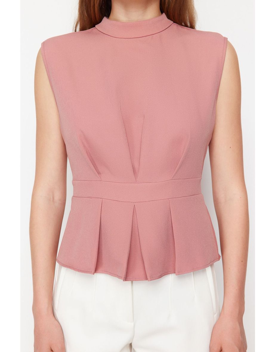Pale Pink Woven Crew Neck Sleeveless Blouse - 7