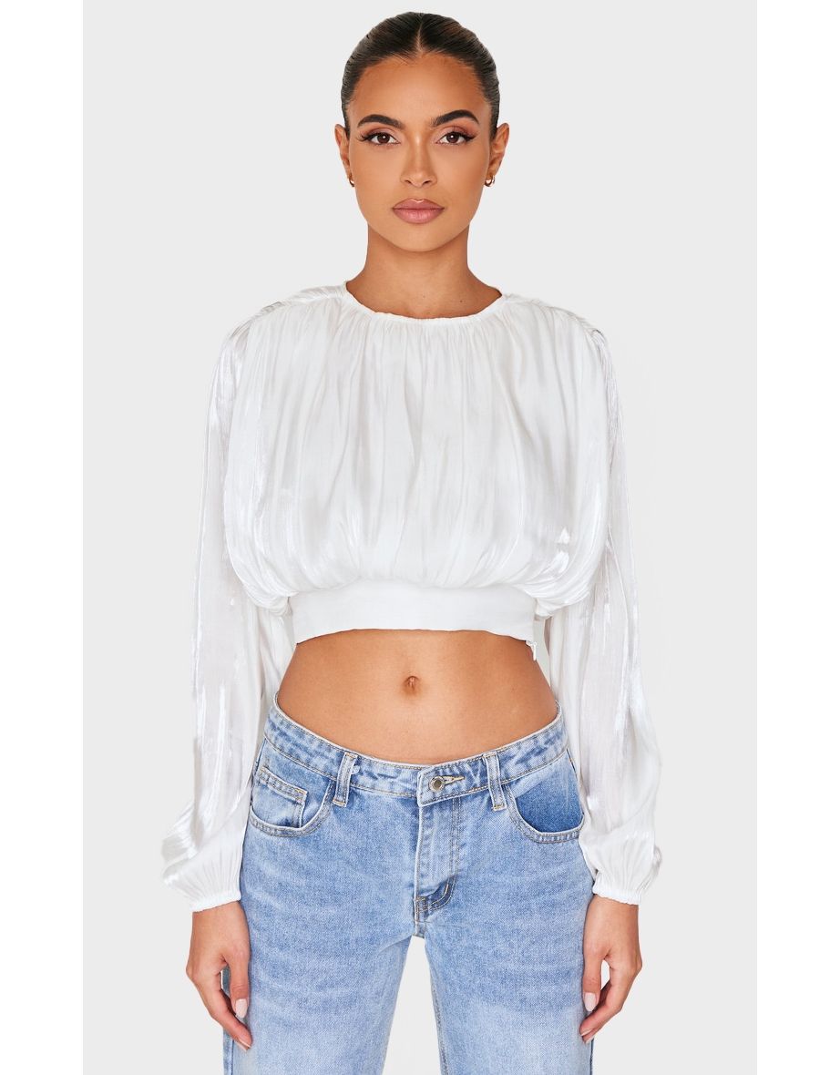 White Organza Pleated Long Sleeve Blouse