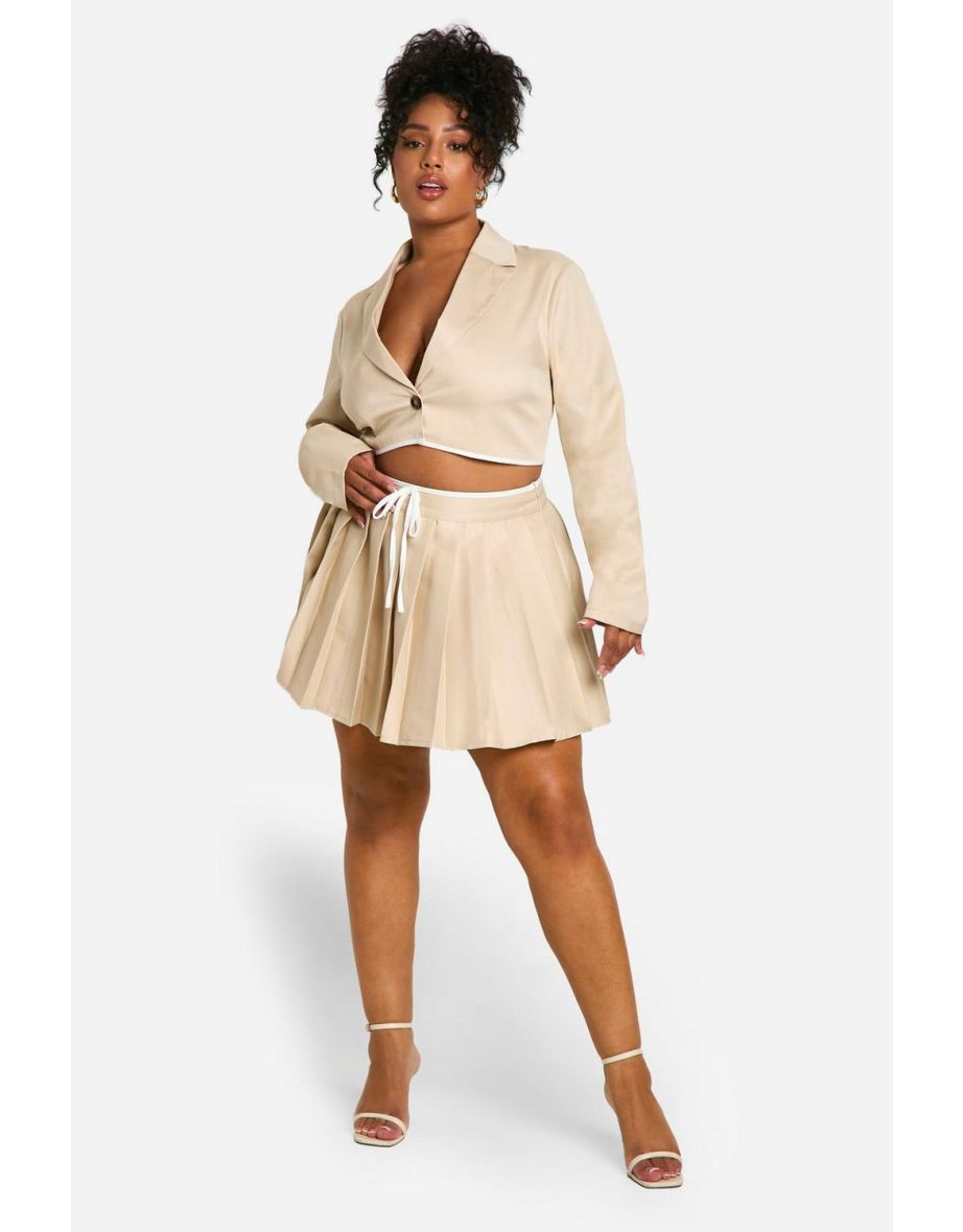Plus Contrast Binding Pleated Mini Skirt - stone