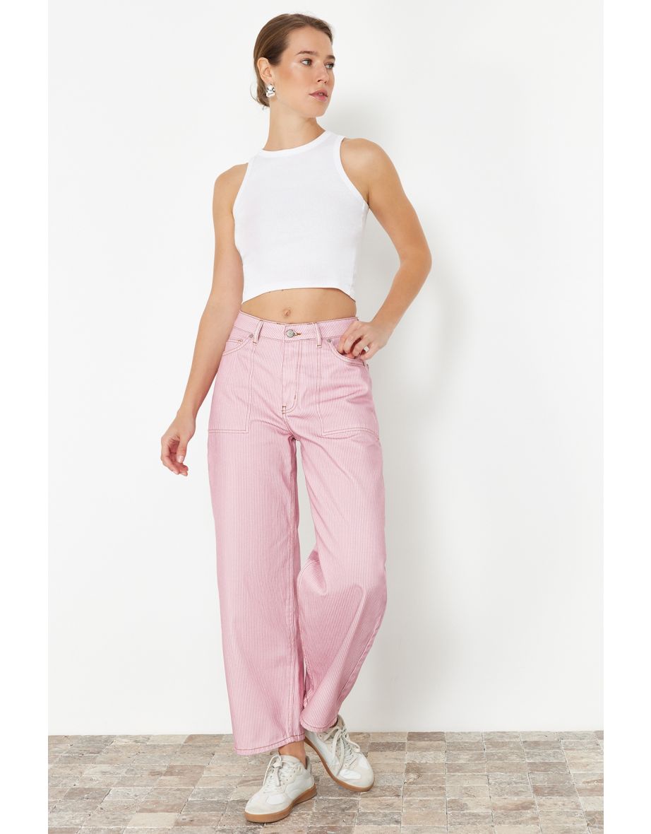 Pink Striped High Waist Barrel Jeans - 11