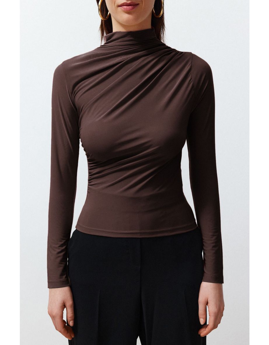 Brown Pleated Square Neck Body-Smoothing Flexible Knitted Blouse - 7