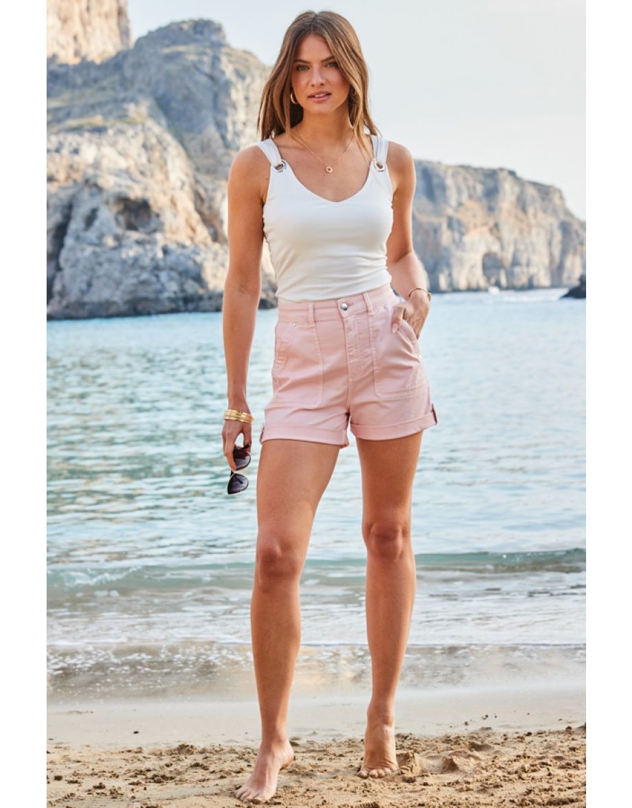 Soft Pink Stitch Detail Denim Utility Shorts