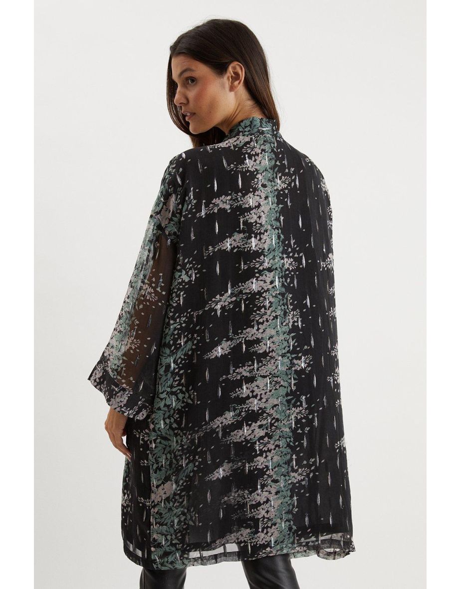 Black Floral Longline Print Kimono - 2