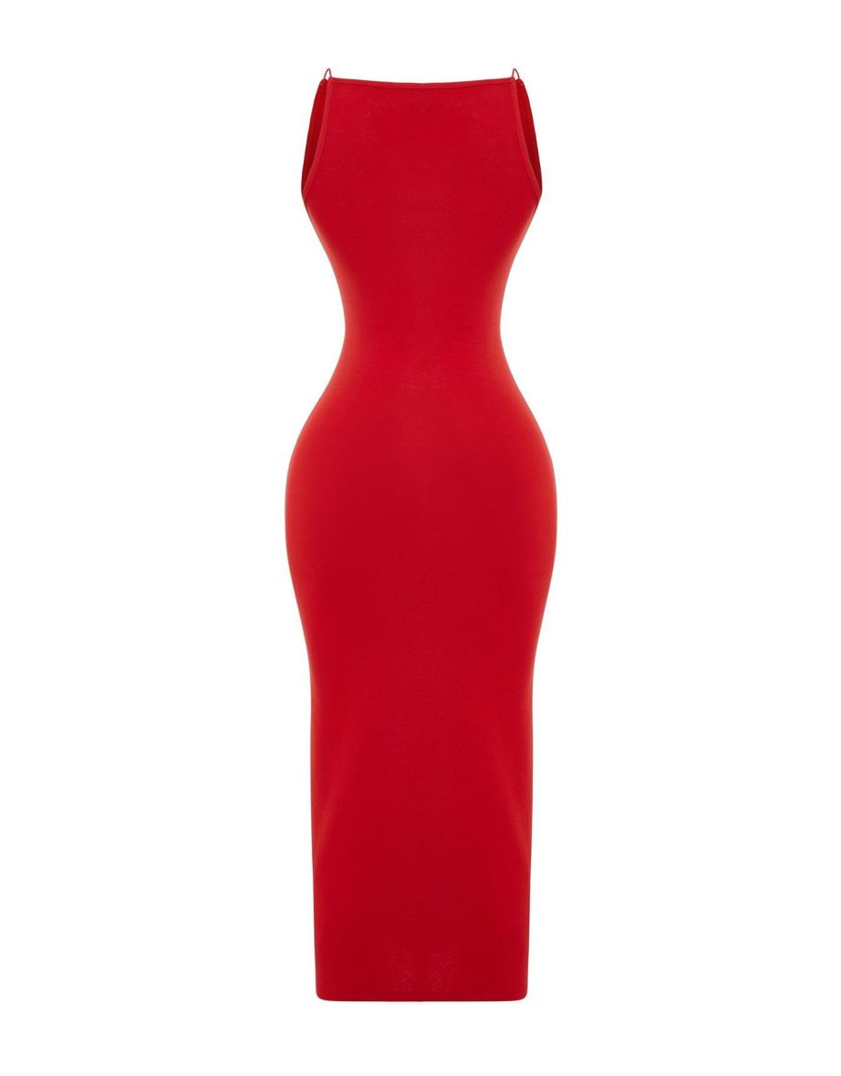 Red Fitted Halter Neck Ribbed Midaxi Flexible Knitted Midi Dress - 7