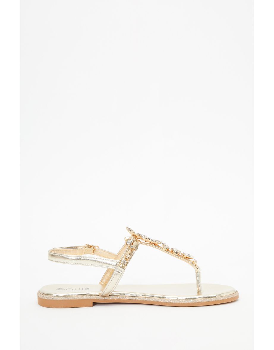 Quiz Gold Jewel T-Bar Flat Sandals - 5
