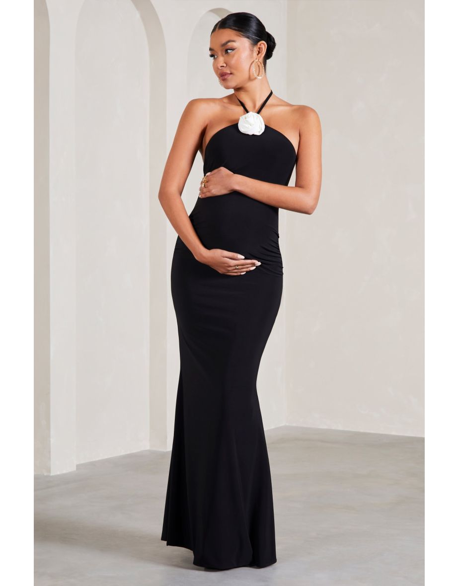 Maternity Black Halter Neck A-Line Maxi Dress