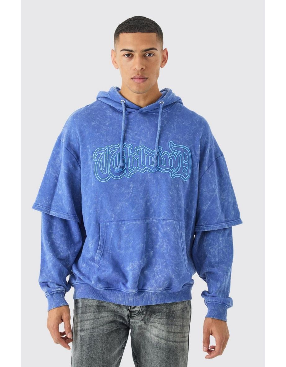 Oversized Faux Layer Acid Wash Embroidered Hoodie - denim-blue