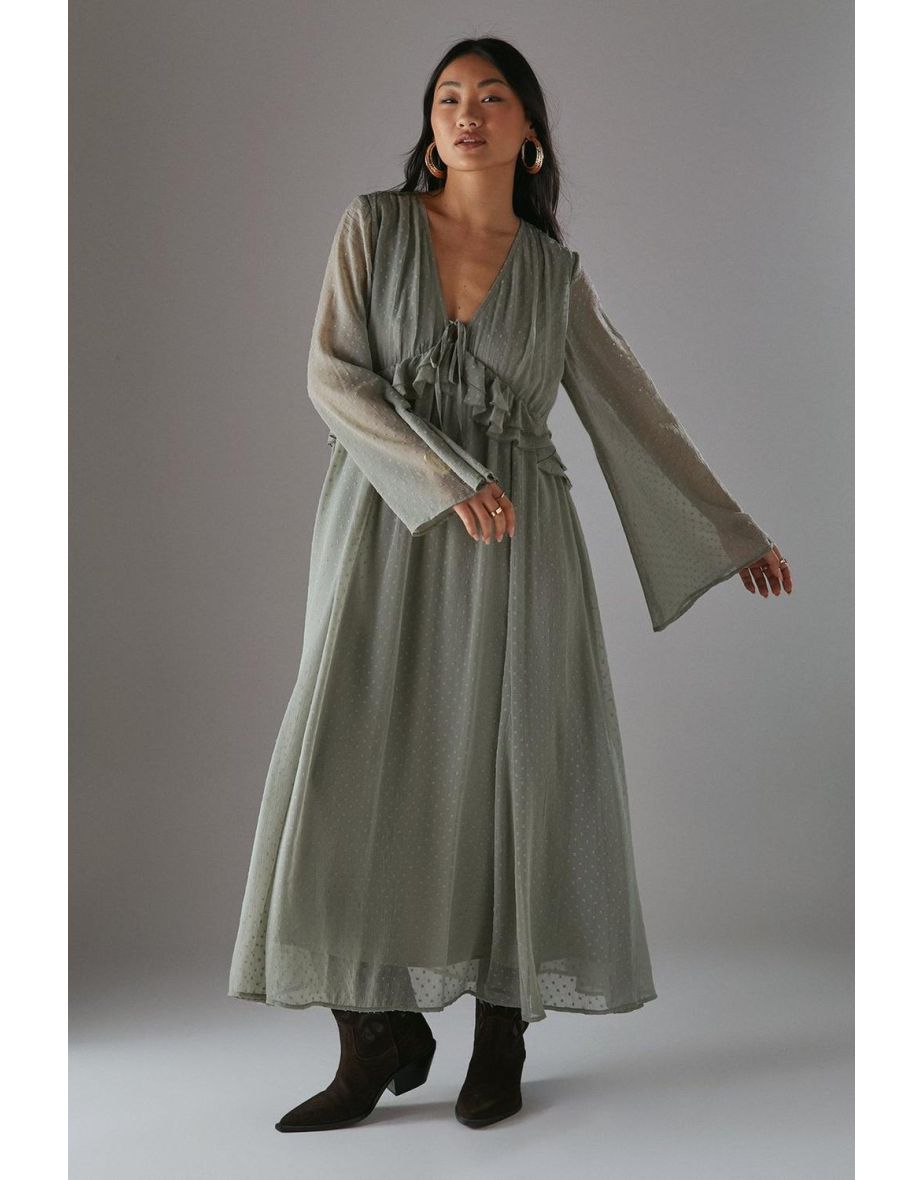 Petite Dobby Chiffon Plunge Neck Ruffle Midi Smock Dress