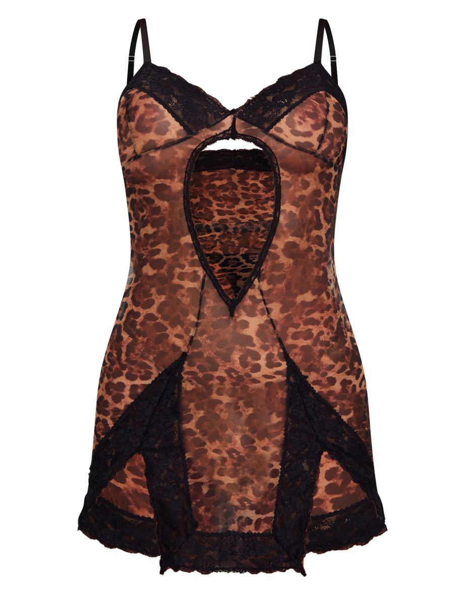 Brown Leopard Print Lace Trim Cut Out Slip Dress - 4