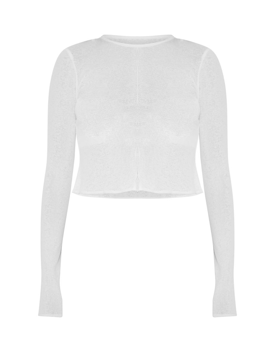 Petite White Sheer Textured Long Sleeve Top - 4