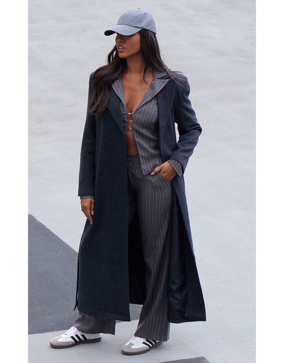Black Herringbone Self Tie Maxi Coat - 4