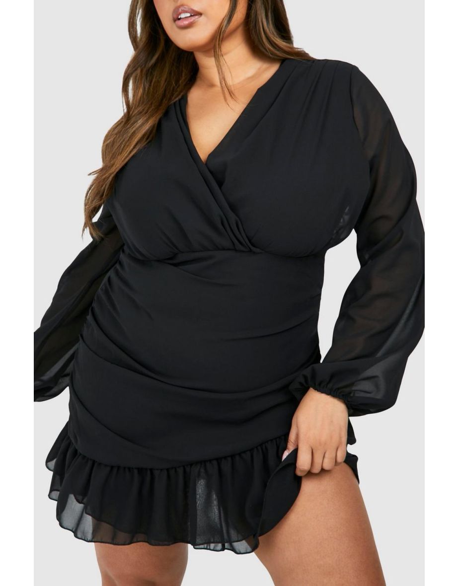 Plus Chiffon Ruffle Wrap Dress - black - 3