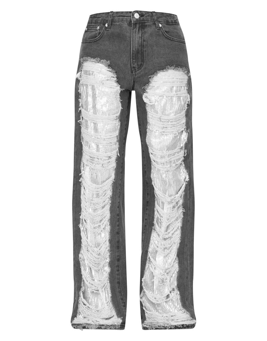 Washed Black Extreme Distressed Sequin Panel Straight Leg Jeans - 4