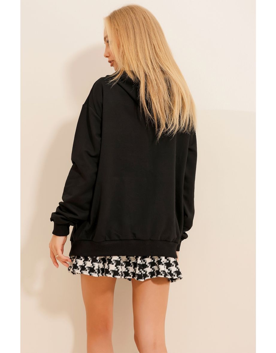 Women's Black Hooded Seasonal Sweatshirt with Two Pockets and Zipper - 6
