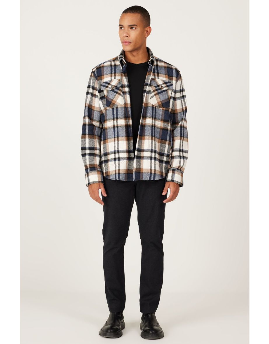 Men's Brown-Navy Oversize Fit Wide Cut Hidden Button Collar Checkered Shirt Jacket