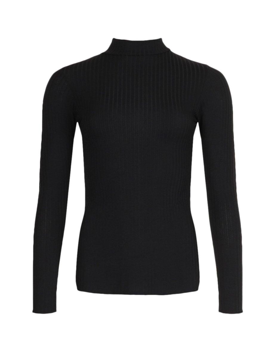 Side Split Turtle Neck Knitted Ribbed Top - black - 1