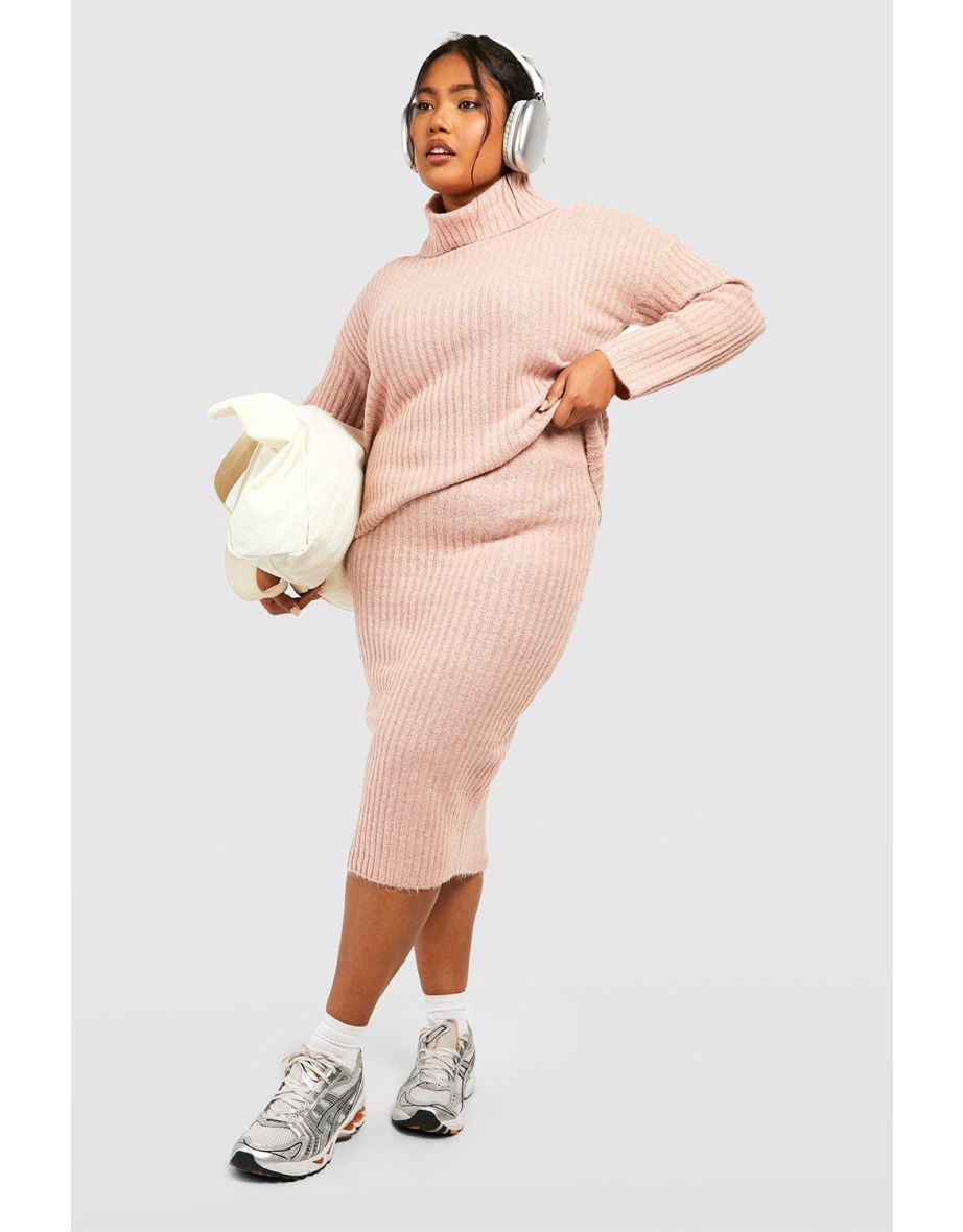 Plus Knitted Midi Skirt And Roll Neck Co-ord - dusty pink