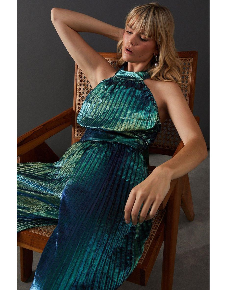 Lame Metallic High Neck Pleated Jumpsuit - 3
