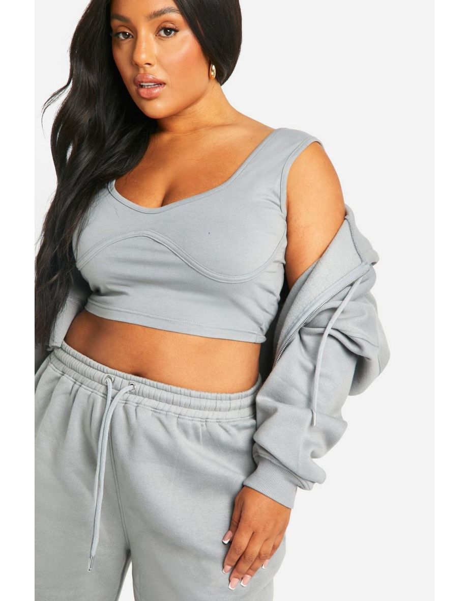 Plus Seam Detail Crop Top 3 Piece Hooded Tracksuit - sage - 3