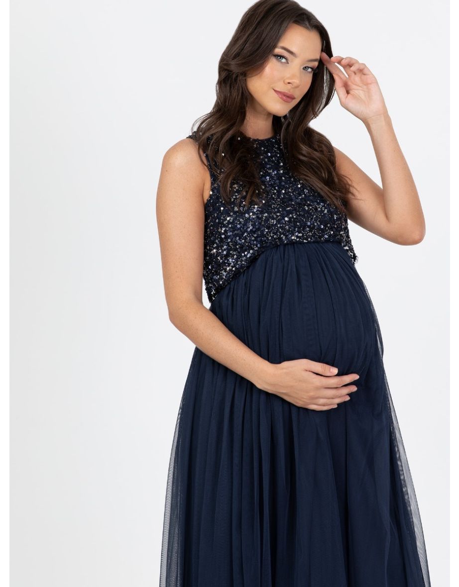 Maya Navy Sleeveless Embellished Maternity Dress - 1