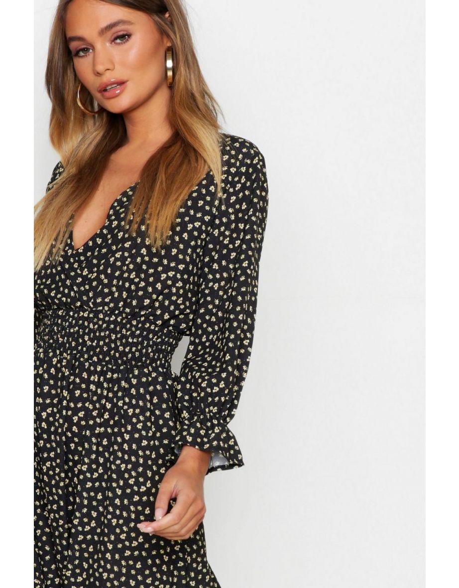 Boho Ditsy Floral Split Front Midi Dress - black - 3