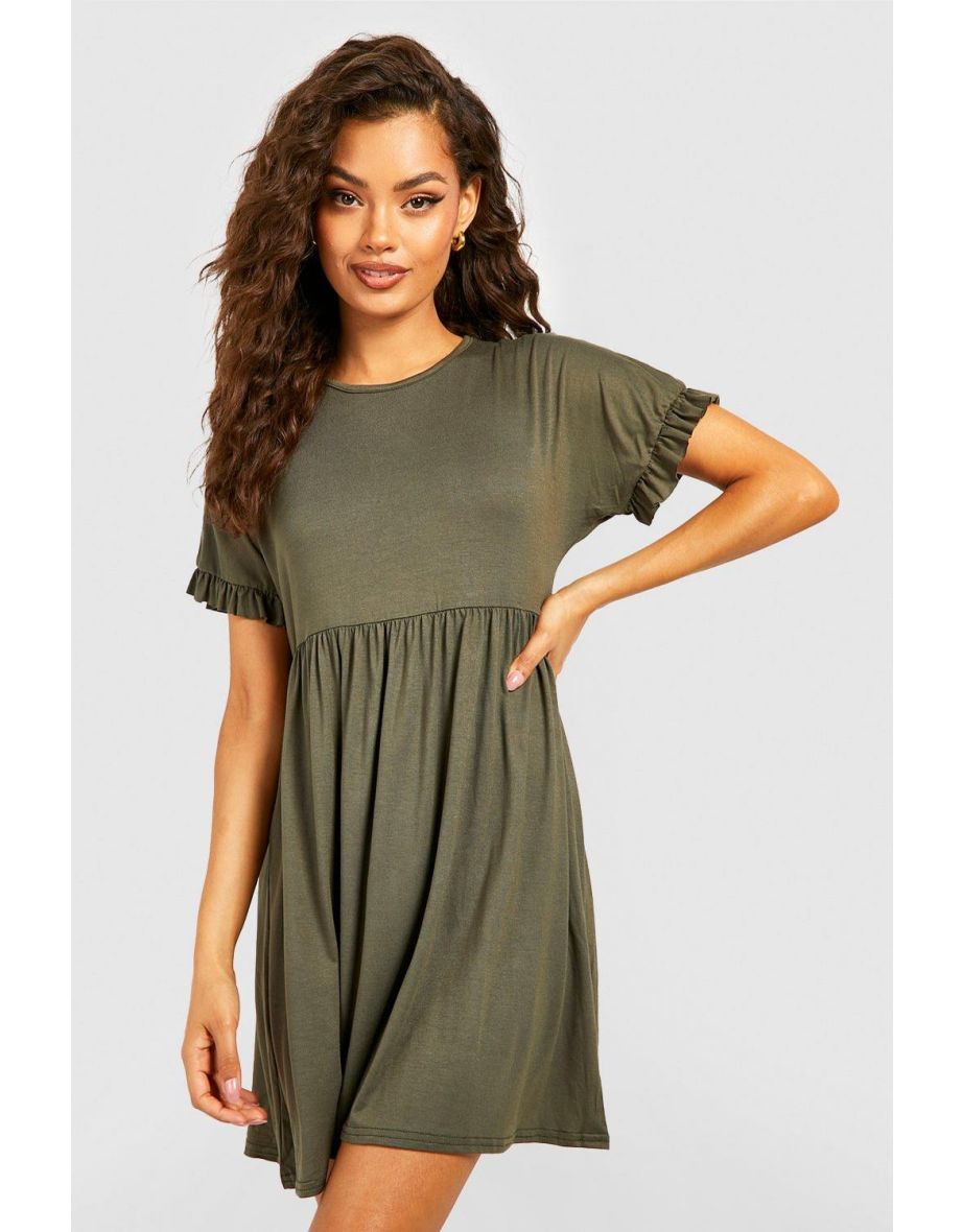 Ruffle V Neck Smock Dress - khaki