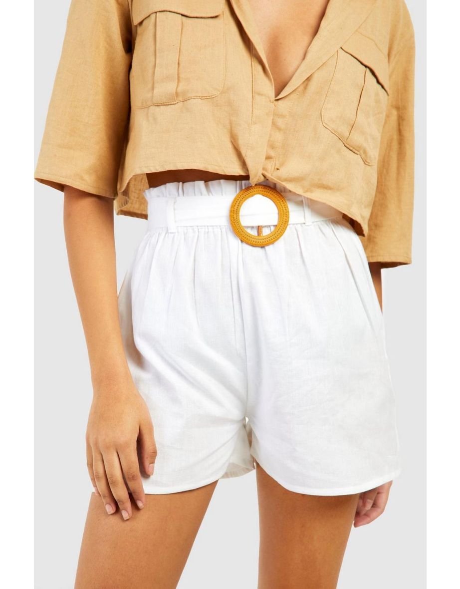 Tall Rattan Look Buckle Linen Tailored Shorts - white - 3