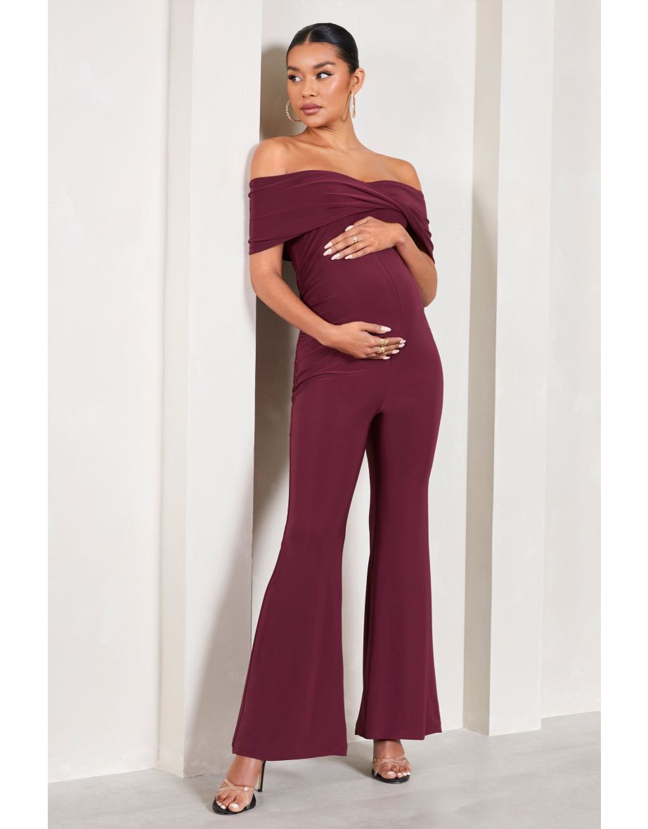 Elisa | Burgundy Bardot Flared-Leg Maternity Jumpsuit - 4