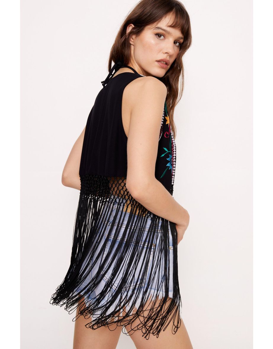 Floral Embroidered Fringe Vest - 3