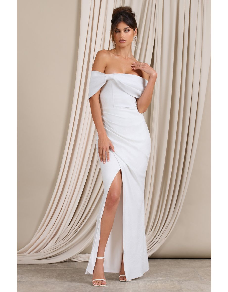 Eva | White Glitter Bardot Wrap Maxi Dress - 4