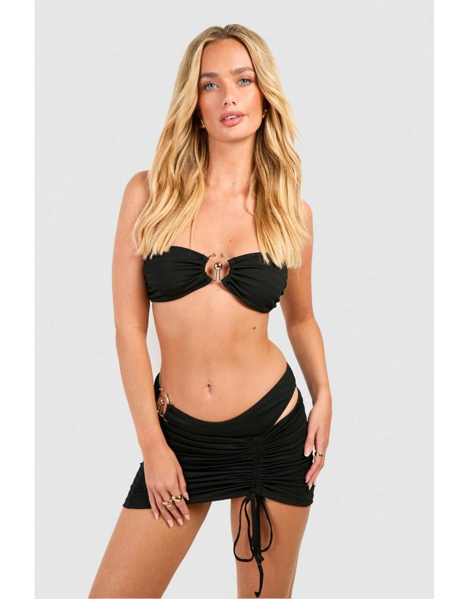 3 Piece Gold Trim Textured Bikini Set & Skirt - black