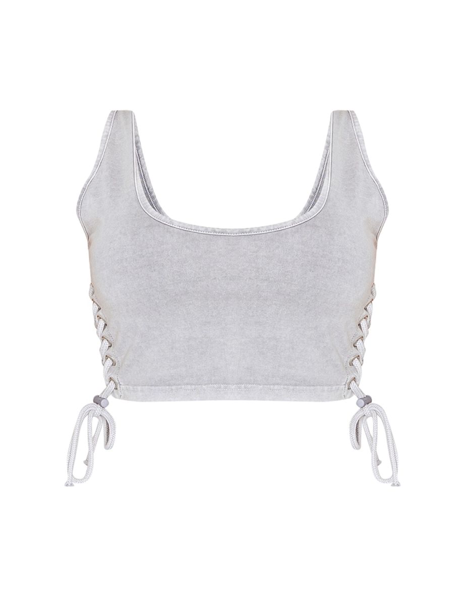 Shape Light Grey Washed Lace Up Toggle Scoop Neck Crop Top - 4