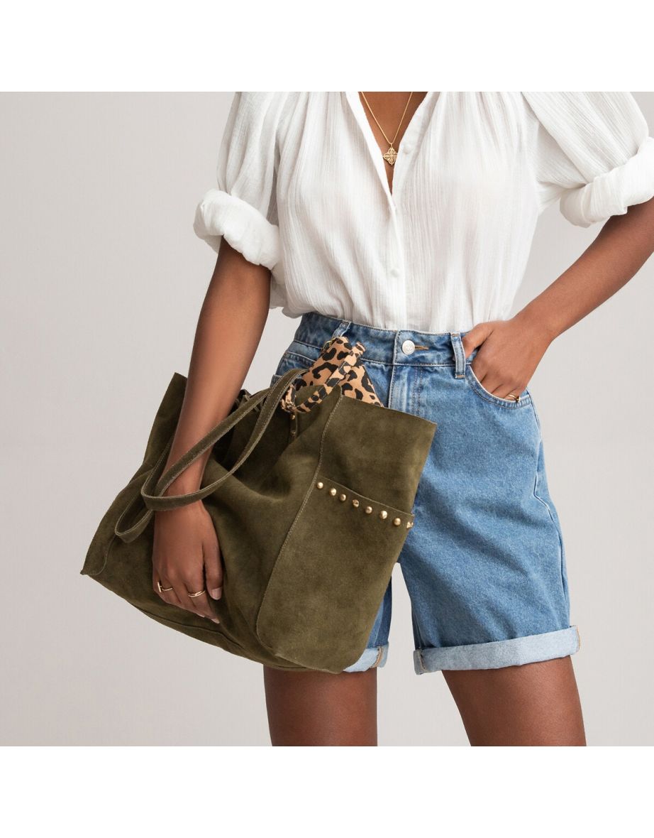 Suede Tote Bag with Leopard Print Pouch - 4