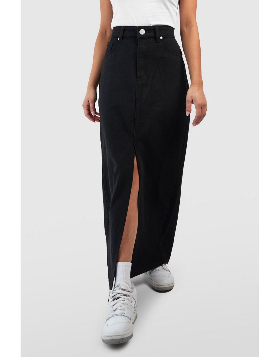 Petite Denim Split Front Maxi Skirt - black - 3